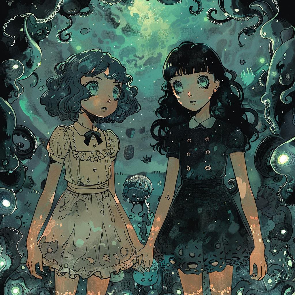 girls  whimsical  dark  lovecraftian  octopus  playful  nature  imagination  illustration  surreal 971817