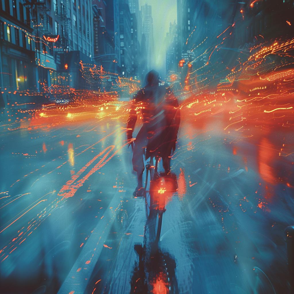 double  exposure  NYC  surreal  bicyclist  lighting  blue  orange  volumetric  night 1031518