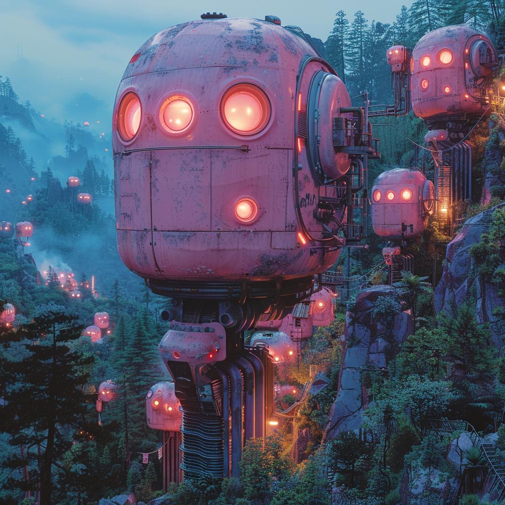 pink  teal  robots  forest  cyborg  lighting  volumetric  natural  horror  art 1029387