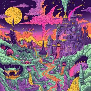 album  cover  psychedelic  castle  moon  surreal  chaos  symbolist  risograph  hyper-realistic 1078090