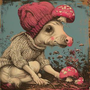 pig  hat  mushroom  painting  chromolithography  colorful  whimsical  illustration  animal  playful 1051311