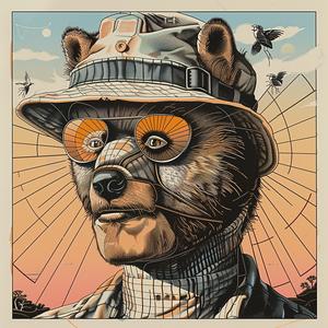 surreal  album  cover  bear  hat  glasses  hyper-realistic  screenprinting  symbolist  Risograph 1037021