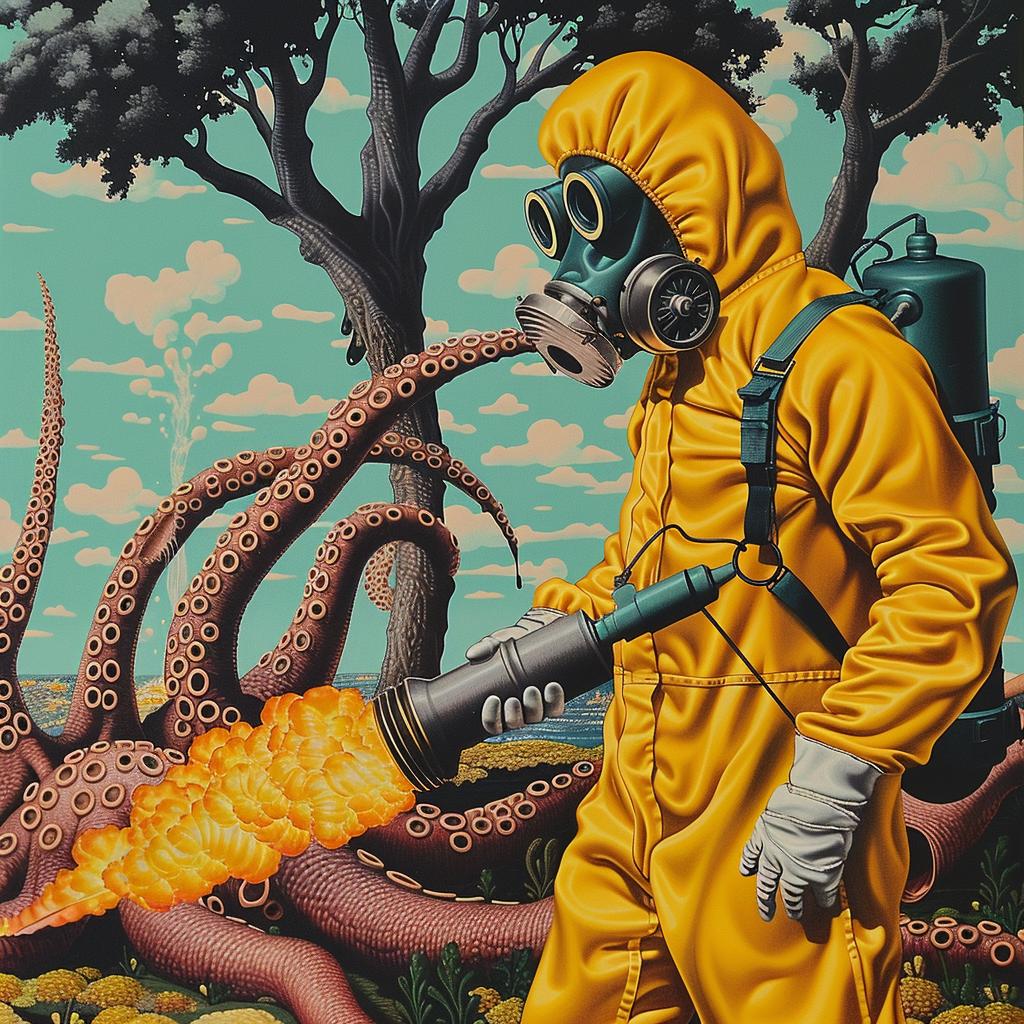 hazmat  suit  flamethrower  octopus  gasmask  art  action  surreal  attack  danger 944313