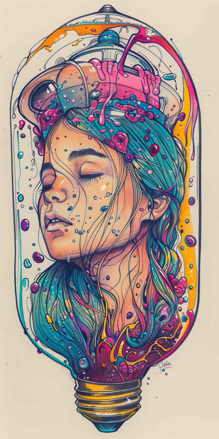 lightbulb  liquid  woman  colorful  hair  bubbles  drawing  surreal  art  emotion 940538