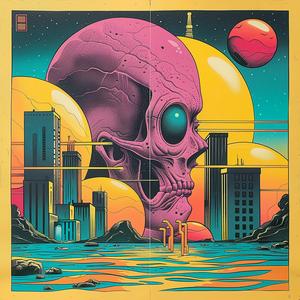 surreal  album  cover  skull  city  background  Risograph  symbolist  hyper-realistic  screenprinting 1079989