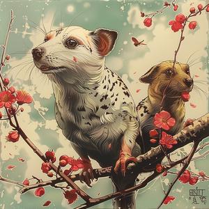 dogs  branch  flowers  chromolithography  painting  nature  companion  animals  pets  playful 1049625