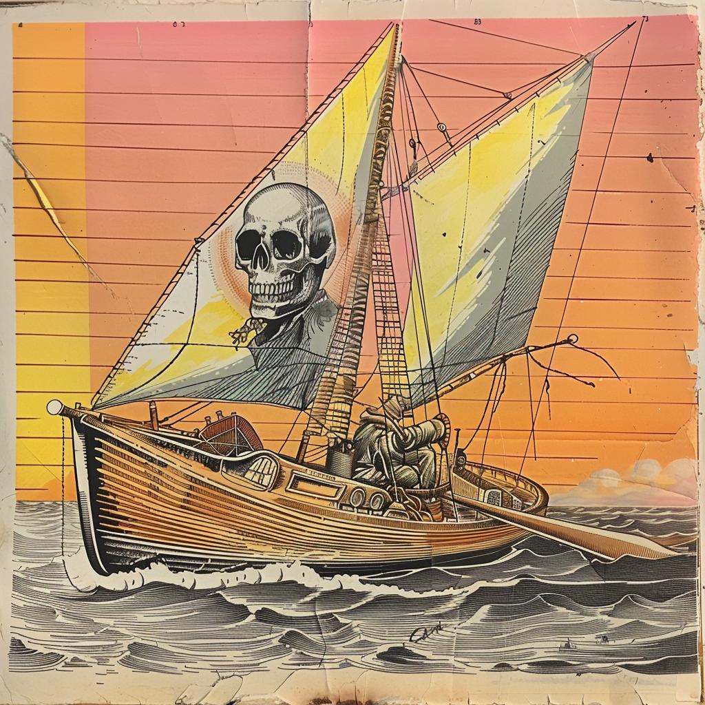 grim  reaper  sailboat  skull  ocean  drawing  dark  symbolic  nautical  illustration 1035498