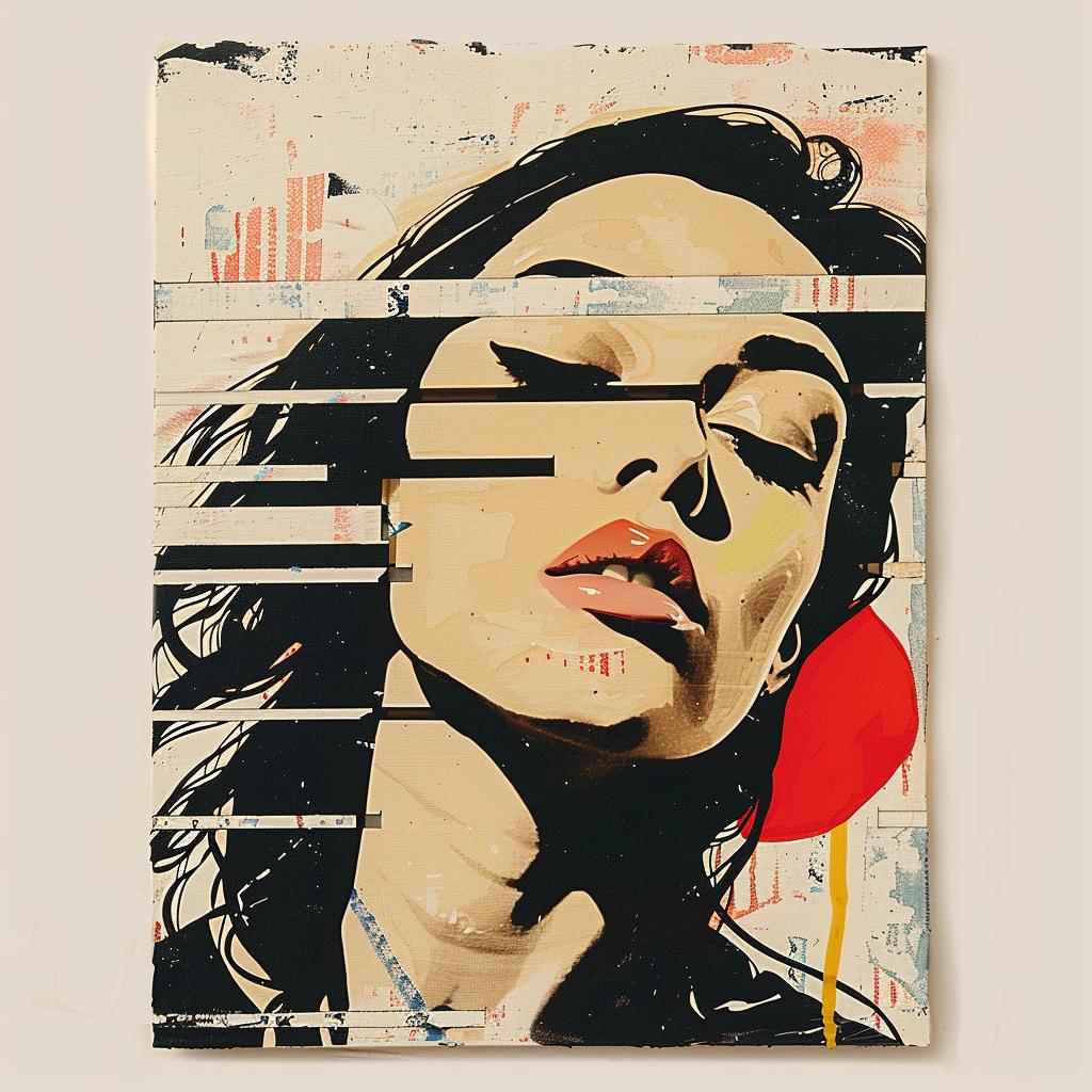امرأة ترسم شفاهًا حمراء بضربات فرشاة، لوحة فنية، تعبير ملون 1015718