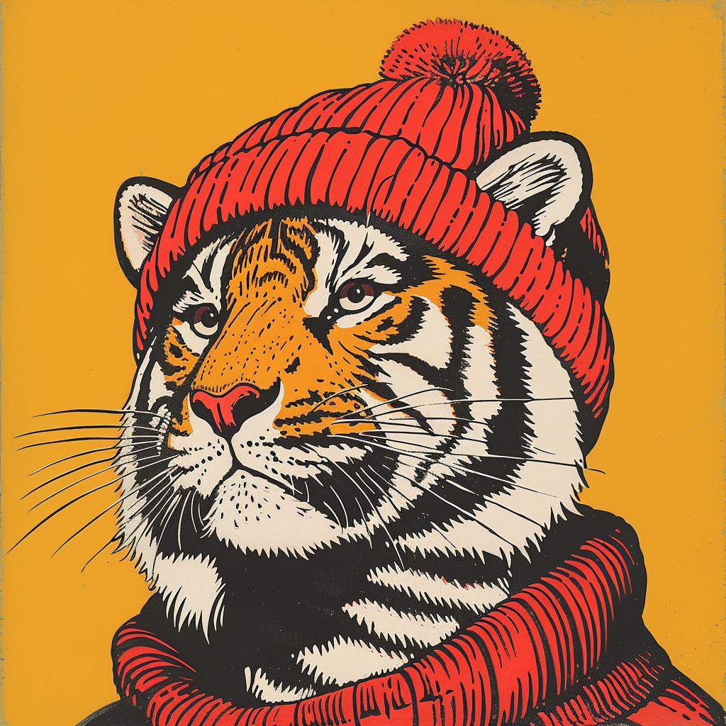 tiger  knit  cap  poster  colorful  cartoon  whimsical  character  fashion  illustration 921839