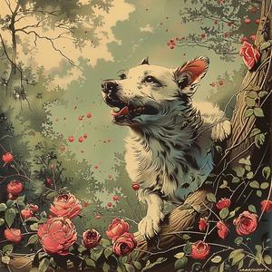 dog  tree  roses  painting  chromolithography  art  nature  floral  figurative  colorful 1049648
