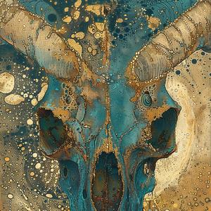 Art Nouveau  Surrealism  Pointillism  Goat  Skull  Blue  Gold  Dark  Occult  Deathmetal 1076995