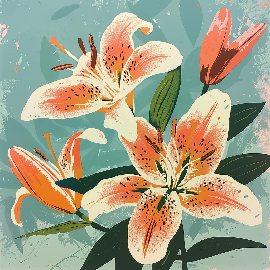 flowers  lilies  risograph  chinese  blue  background  botanical  art  nature  leaves 970592