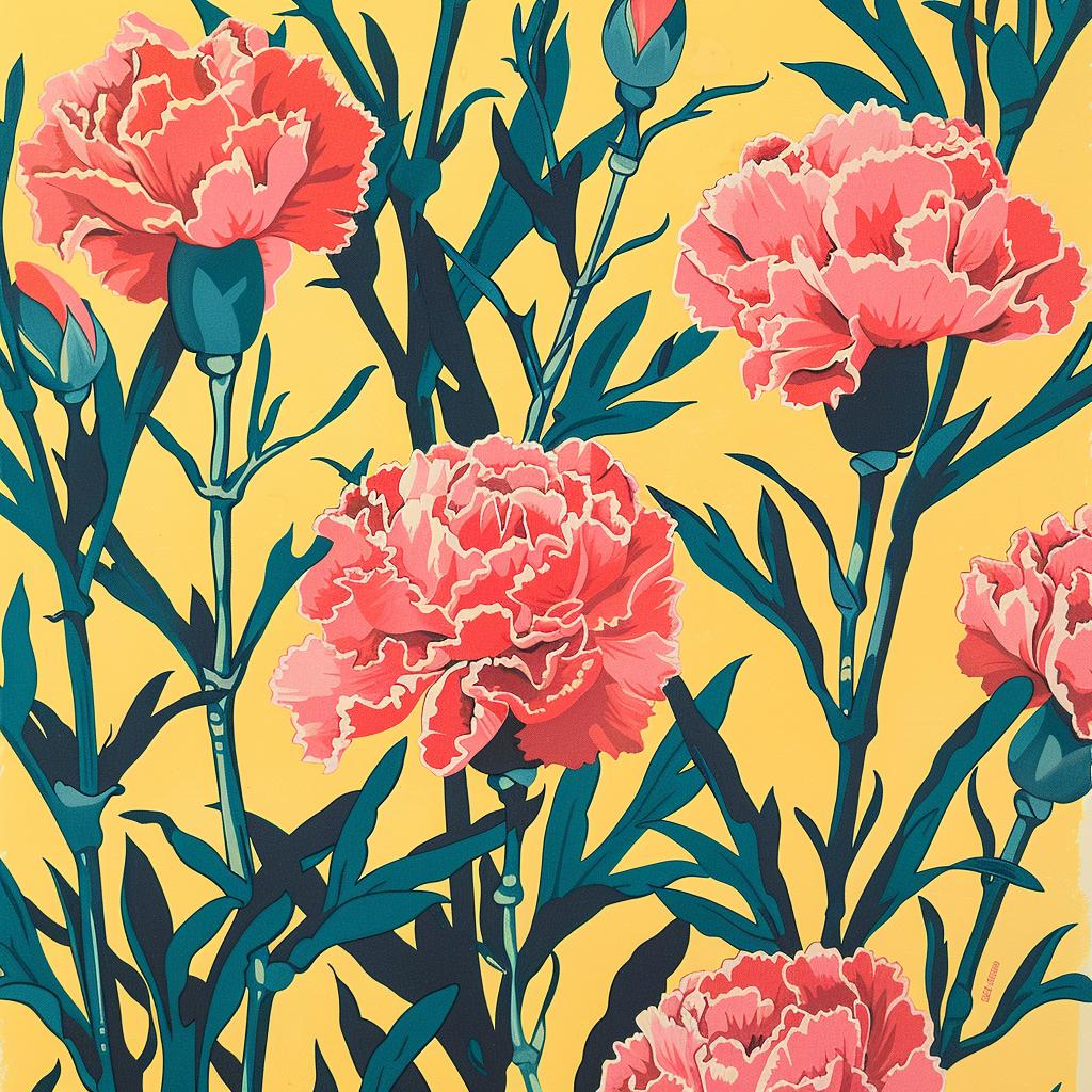 carnations  yellow  background  Risograph  style  Chinese  MaudLewis  painting  vibrant  floral 970544