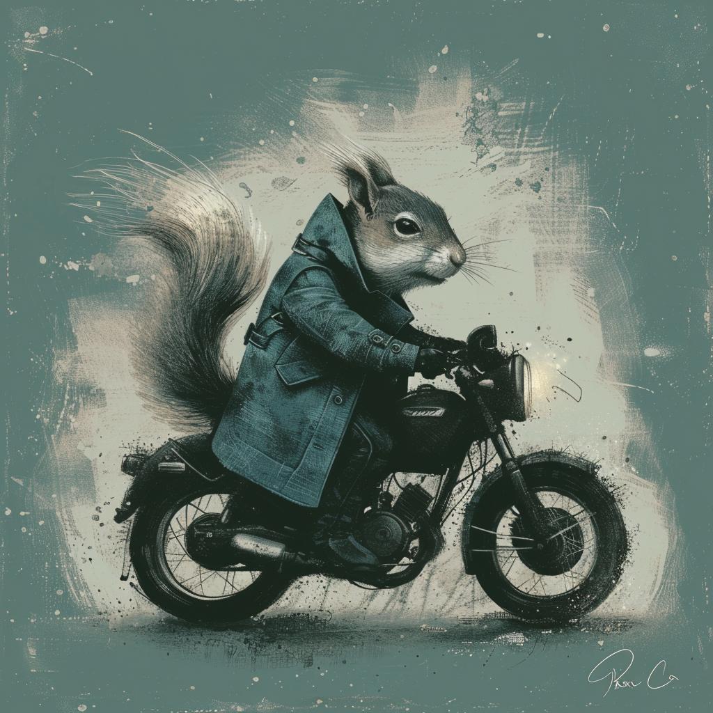 squirrel  trenchcoat  motorcycle  stylized  whimsical  animal  playful  bold  graphic  humorous 1021599