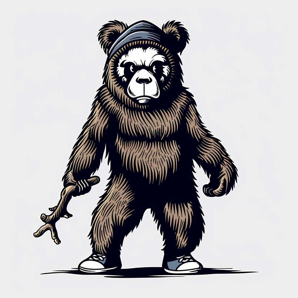 bear  hat  sneakers  stick  cartoon  humorous  illustration  animal  playful  vector 939927