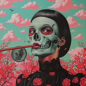 woman  skull  mask  red  flowers  minimal  chromolithography  simple  art  contrast 1037569