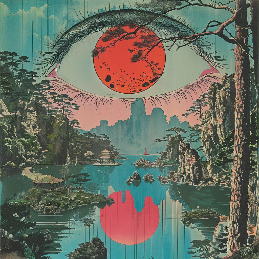 ألبوم سريالي trompe-lœil Yoshitoshi eye lake trees poster art design 1026725