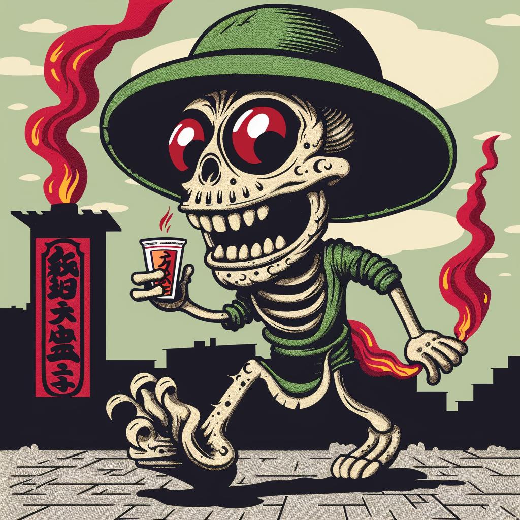 creature  japanese  lettering  skeleton  hat  uniform  tea  running  art  cartoon 946074