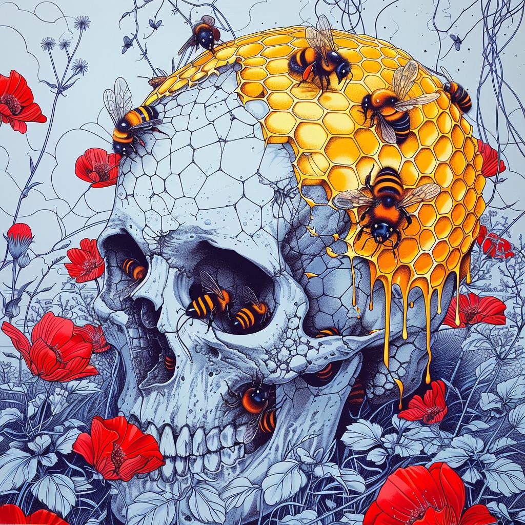 skull  bees  flowers  animated  vibrant  honeycomb  illustration  decrepit  colorful  nature 944727