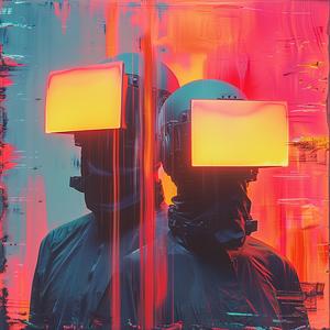 chromolithography  glitch  fire  glow  helmets  lights  two figures  abstract  colorful  bright 1041079