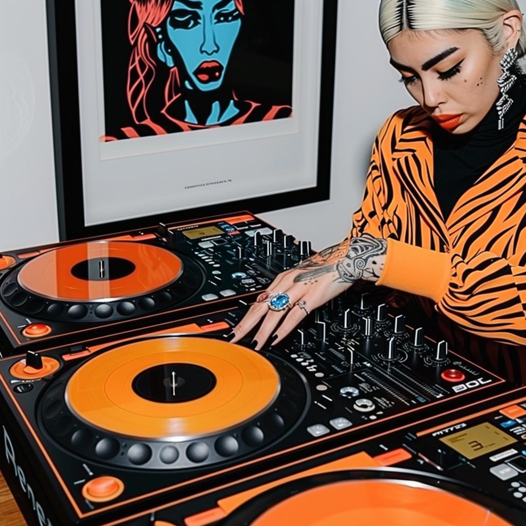 female  DJ  set  hip-hop  painting  music  orange  jacket  records  turntable 1025214