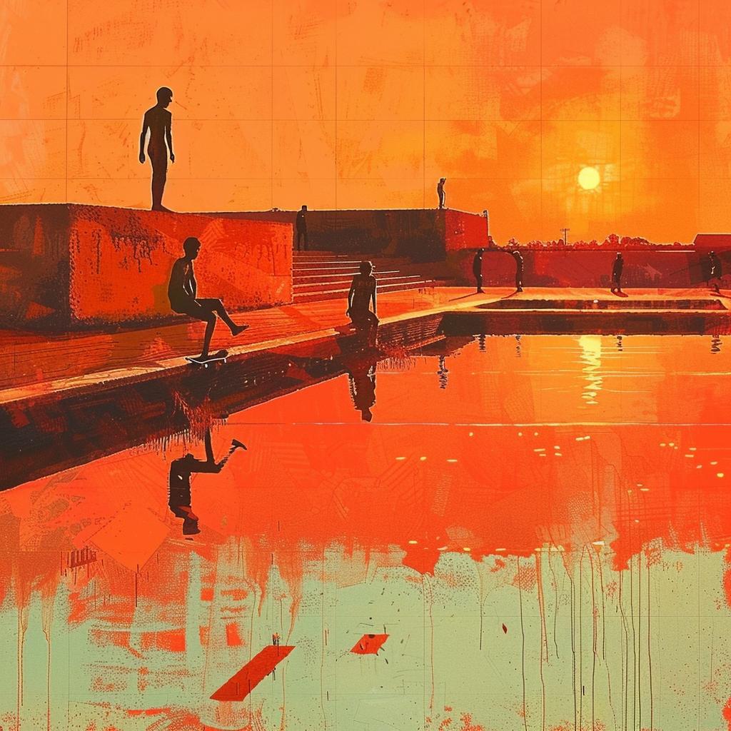art  skaters  pool  sunset  kick-flip  modern  intricate  details  color  painting 964637