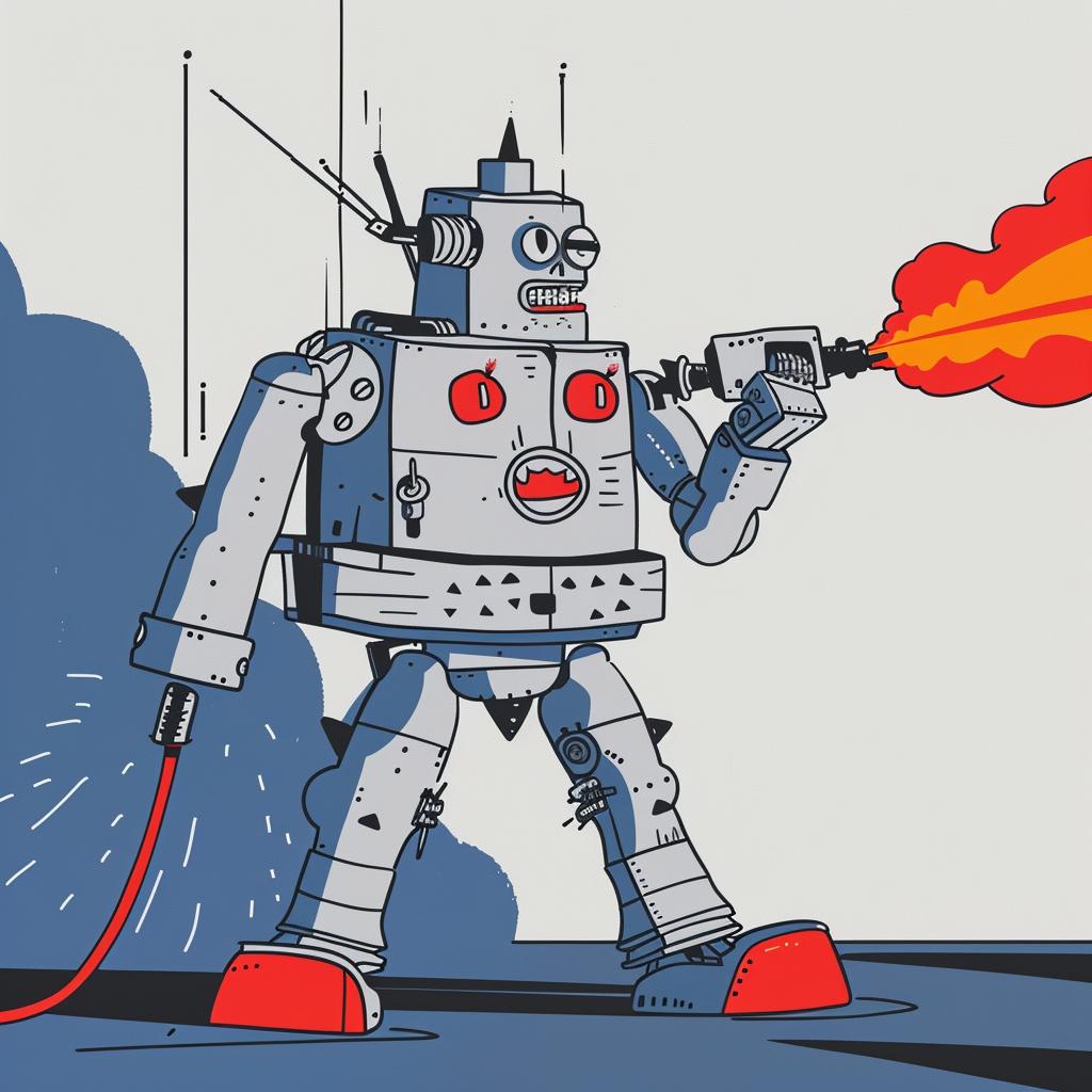 robot  cyborg  cartoon  flamethrower  fire  mechanical  white  background  action  illustration 944135