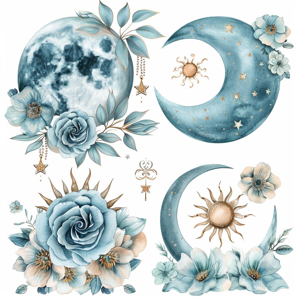 clipart  watercolor  boho  flowers  moon  stars  soft  dreamy  aesthetic  delicate 960162