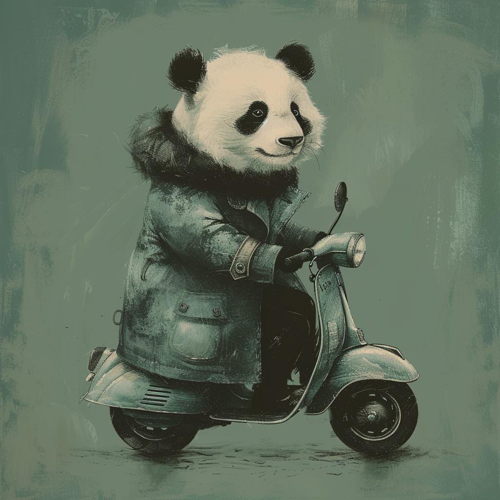 panda  moped  scooter  green  background  whimsical  animal  comic  movement  playful 1021696