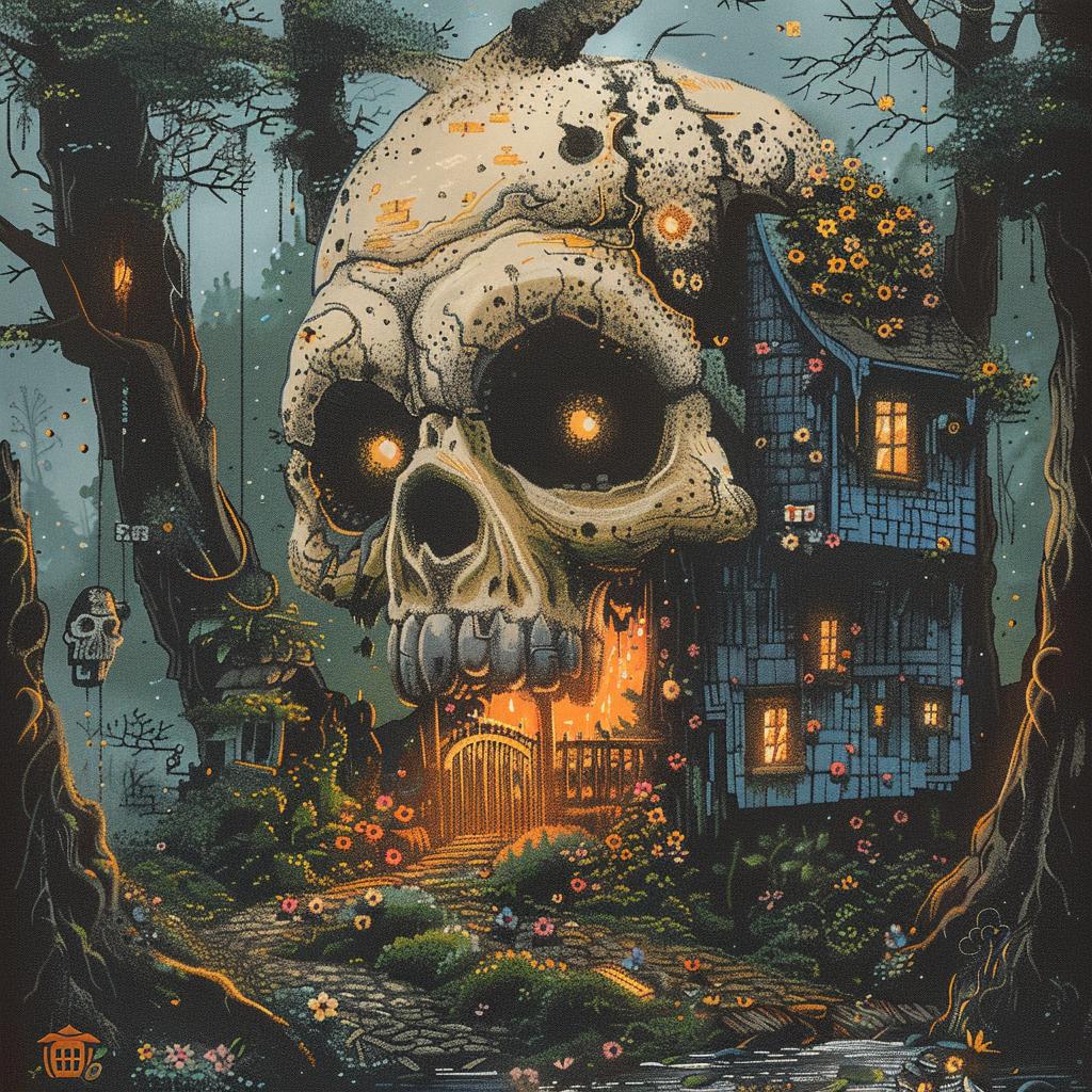 skull  house  woods  painting  dark  spooky  nature  fantasy  mysterious  gothic 1015344