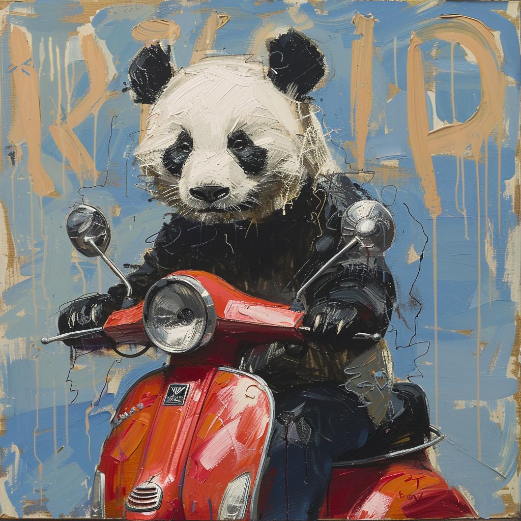 animal  humor  whimsical  transportation  painting  panda  vespa  colorful  playful  contemporary 1019673