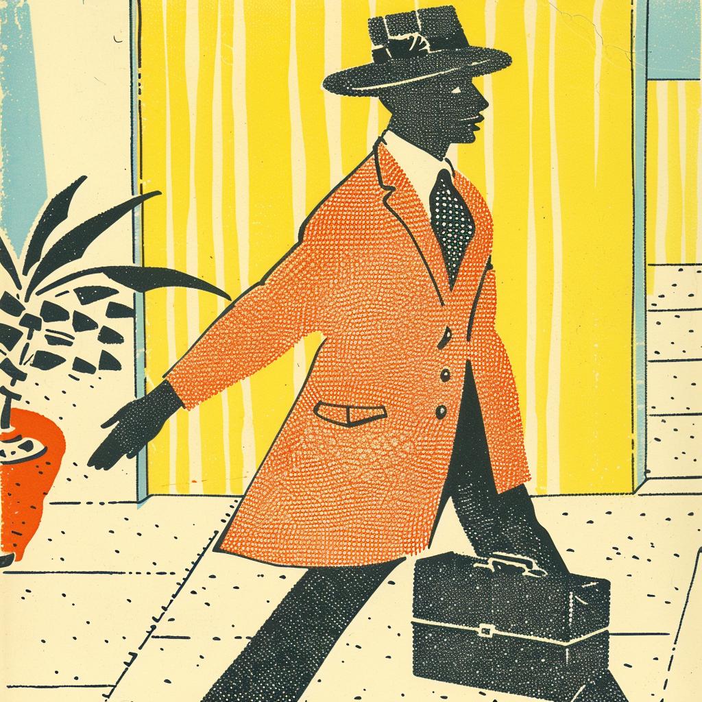 man  briefcase  1960s  african-american  poster  New Yorker  suit  hat  illustration  vintage 940930