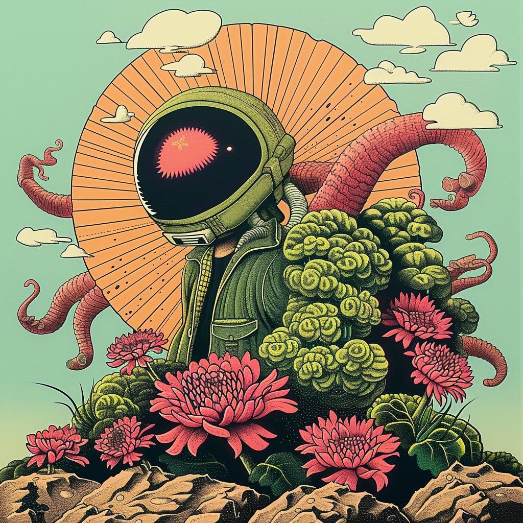 astronaut  flowers  octopus  space  whimsical  fantasy  illustration  colorful  nature  art 947321