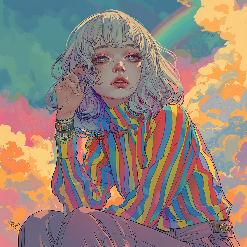 animation  girl  rainbow  colorful  retro  1970s  illustration  sitting  bench  clean 970639