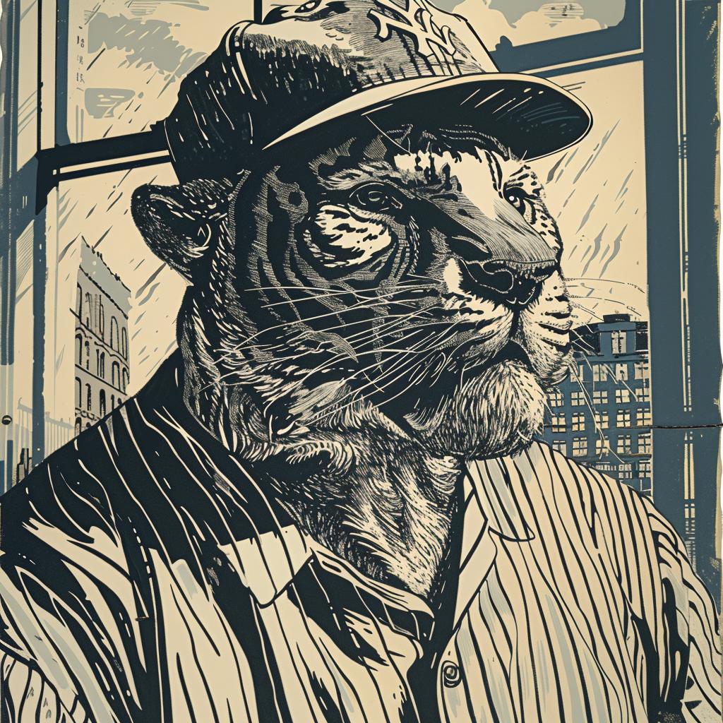 anthropomorphic  tiger  baseball  poster  cartoon  sport  character  hat  playful  humorous 1025821