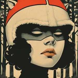 surreal  album  cover  woman  red  hat  Risograph  symbolism  hyper-realistic  screenprinting 1077575