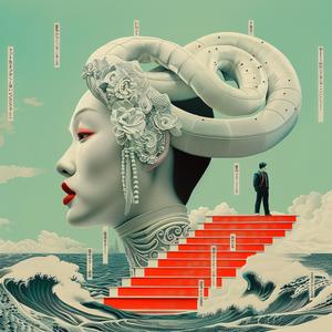 surreal  album  cover  woman  snake  head  red  dress  stairs  Risograph 1077710
