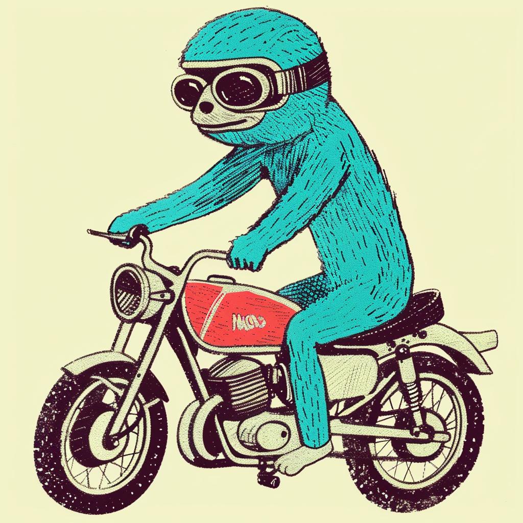 anthropomorphic  sloth  motorcycle  blue  comical  cruising  cartoon  fantasy  fun  quirky 941081