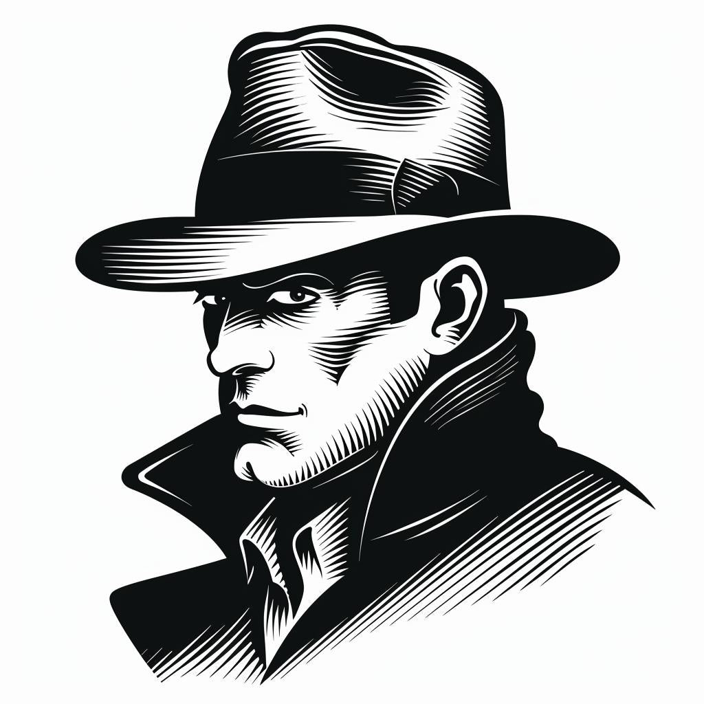 man  hat  coat  detective  silhouette  black  white  emblem  bold  lineart 951846