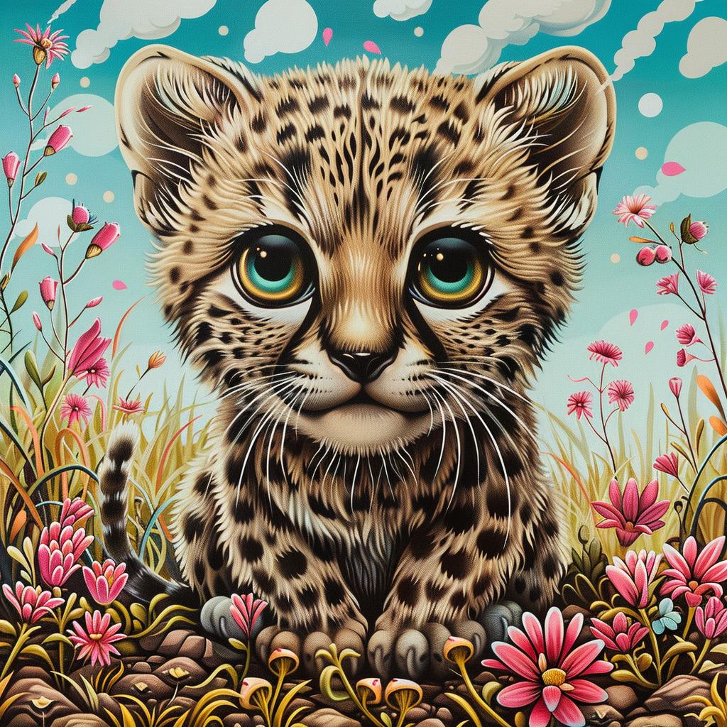 cheetah  kawaii  painting  leopard  flowers  colorful  whimsical  nature  cute  art 1033314
