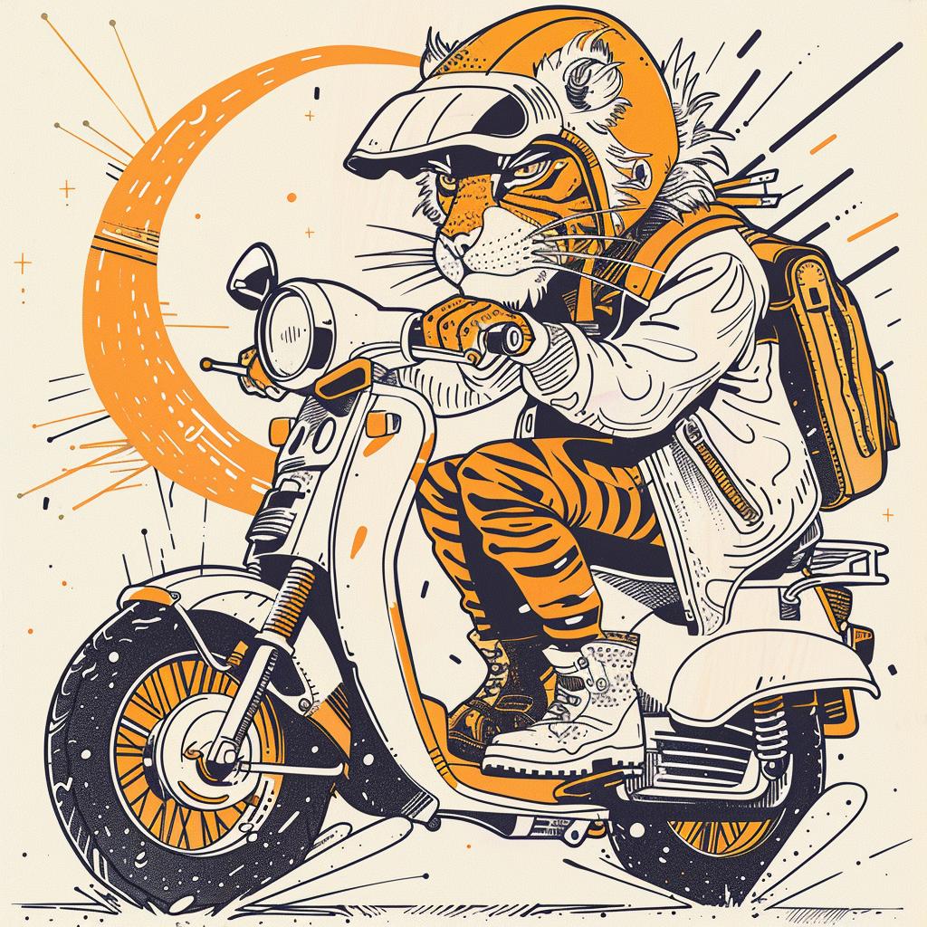 Tiger  Moped  Happy  Whimsical  Adventure  Motorcycle  Moon  Playful  Illustration  Colorful 938841