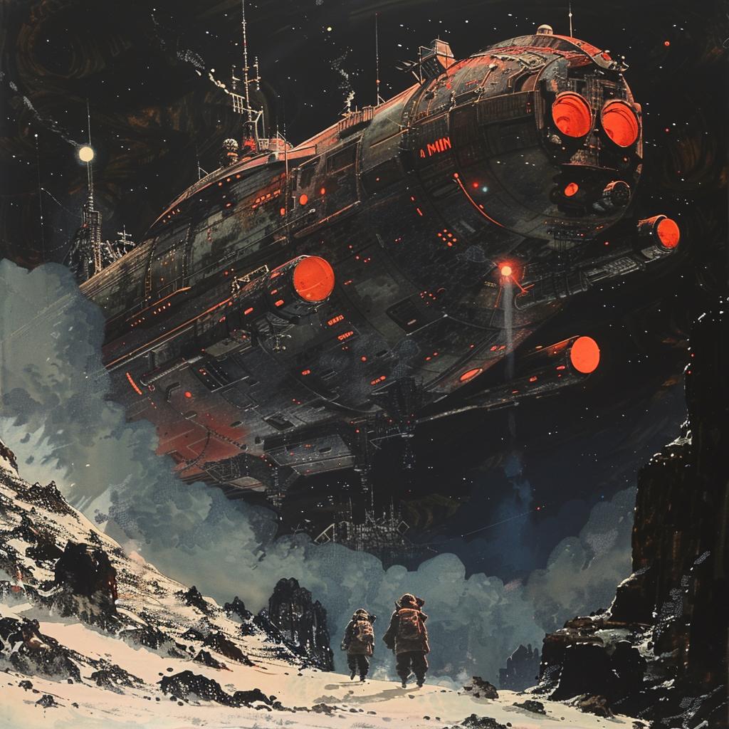 spaceship  mountain  dark  gouache  illustration  composition  black  lights  epic  Karel 922357