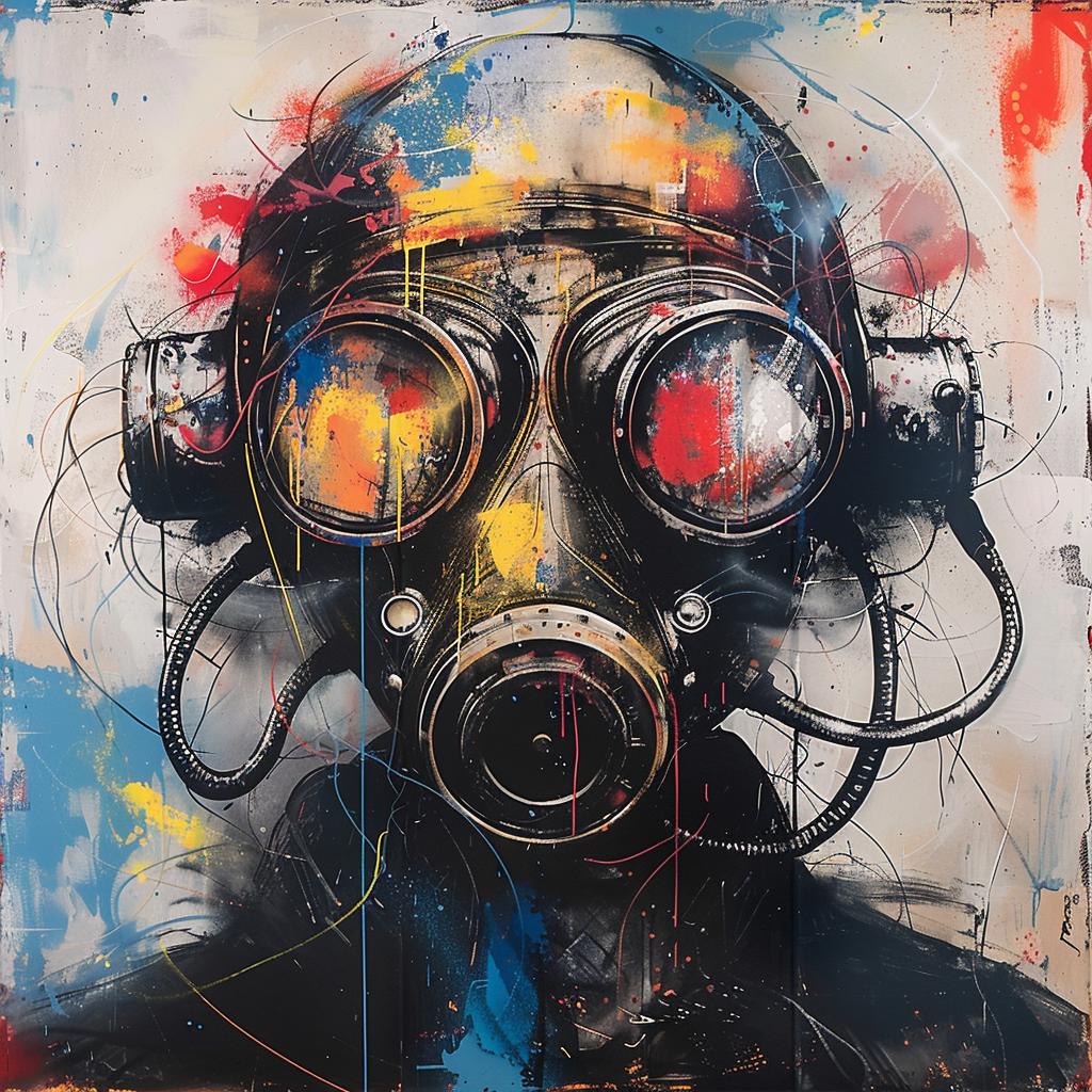 surreal  album  cover  hyper-realistic  screenprinting  Whatson  encaustic  gasmask  futuristic  man 959961