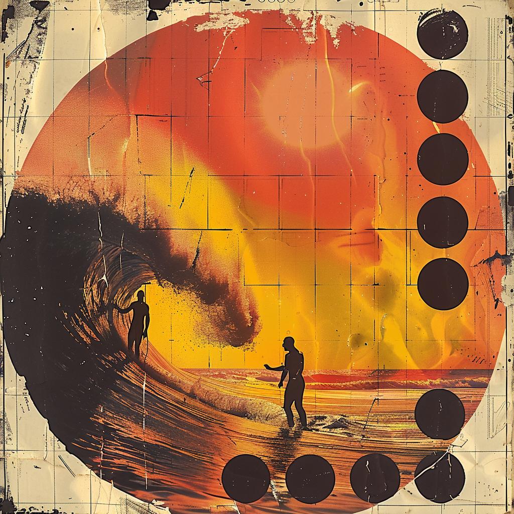 photographic  collage  silhouettes  surfers  beach  vibrant  wave  barrel  Rodchenko  color 1034297