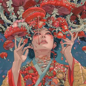 illustration  woman  colorful  flowers  cellular  mushroomcore  intricate  moebius  red  cyan 1073079