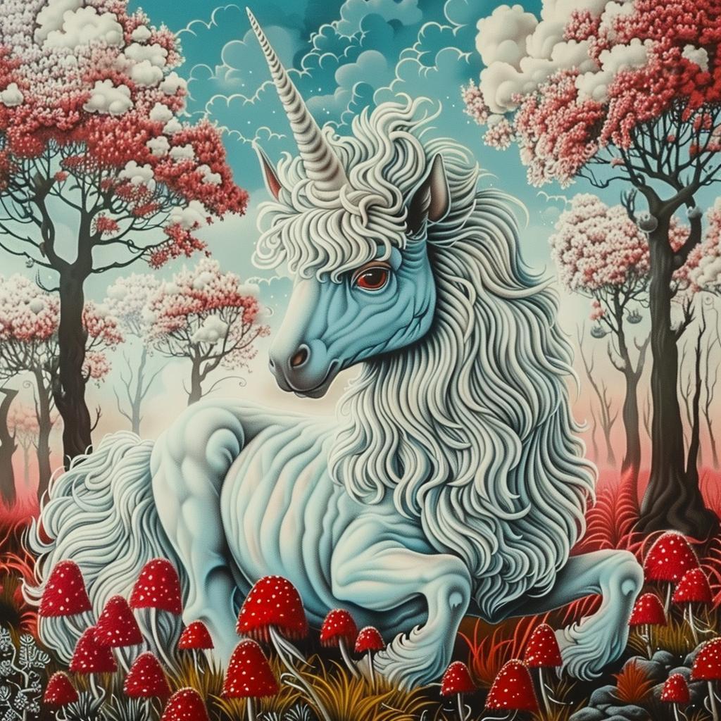 mythical  creature  hybrid  unicorn  red  mushrooms  painting  fantasy  unique  animal 941391