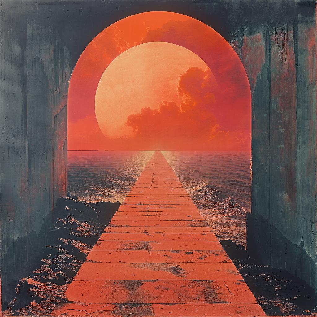 Ed  Ruscha  painting  bridge  ocean  red  sun  volumetric  background  art 1027290