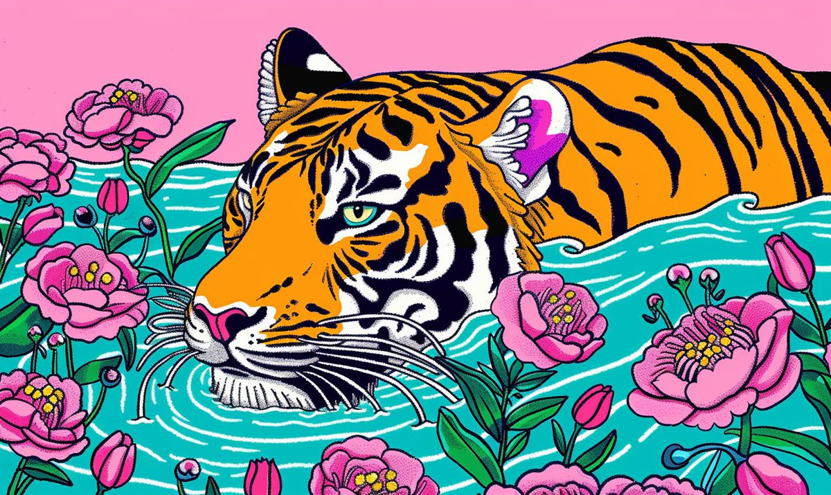 tiger  leaping  water  flowers  vivid  nature  wildlife  colorful  dynamic  action 1021904