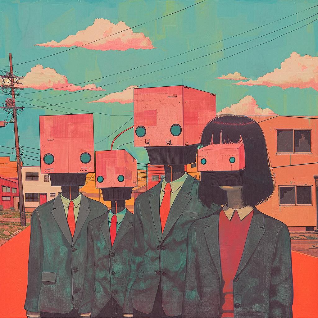 surreal  album  cover  painting  robots  suits  people  creative  Cornella  art 1017765
