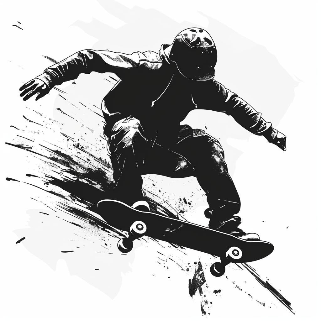 skateboarder  action  black  white  minimal  vector  drawing  silhouette  simple  linocut 952147